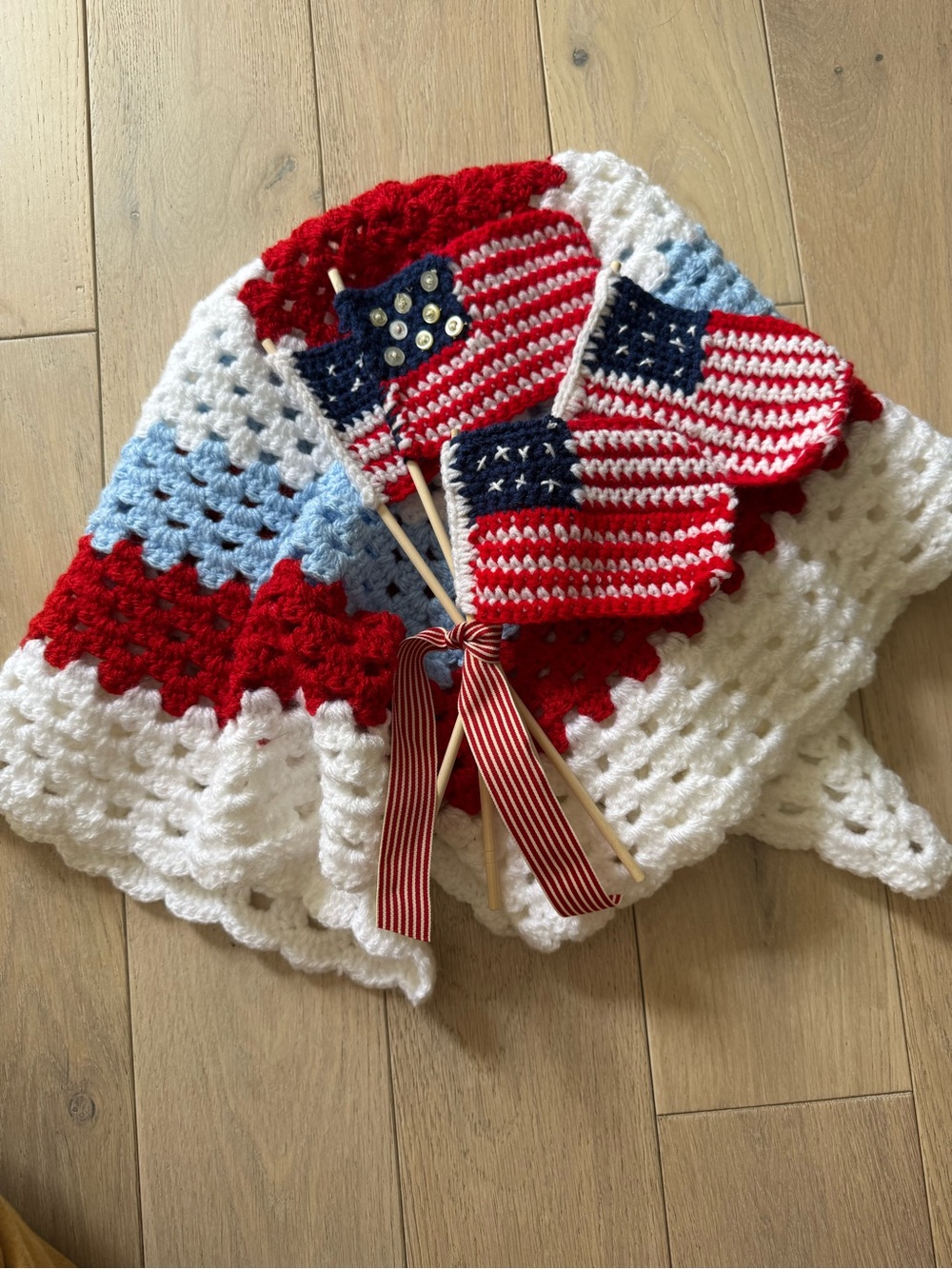 Patriotic Red, White & Blue Crochet Throw with Flag Accents